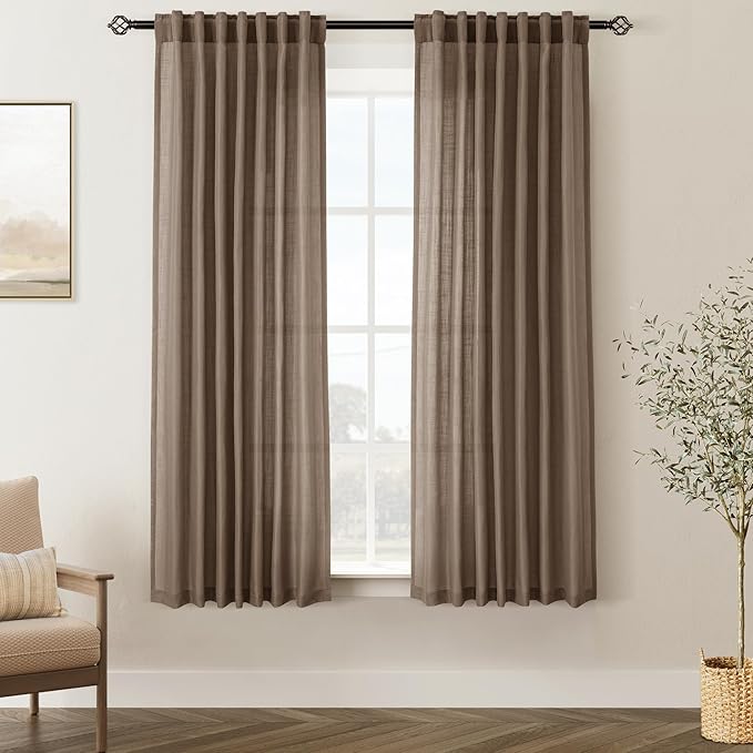 Chocolate Brown Linen Curtain 63 inch Length 2 Panels Set Back Tab Light Filtering Living Room Curtain Drapes Home Office Modern Minimalist Decor Farmhouse Boho Neutral Semi Sheer Curtain 63 inch Long