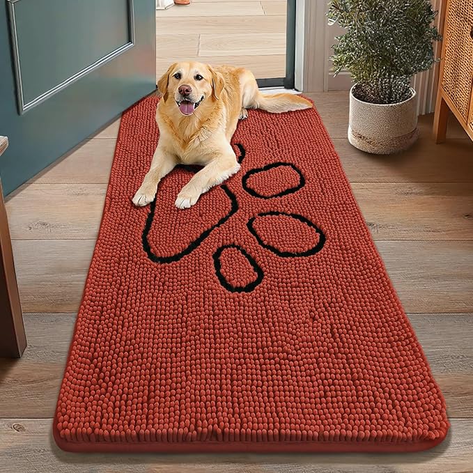 Smiry Dog Door Mat for Muddy Paws, Absorbent Dirt Trapper Non Slip Quick Dry Washable Chenille Mat for Mud Dogs, Entry Rug for Indoor and Outdoor (48x30 Inches, Maple Red and Black)