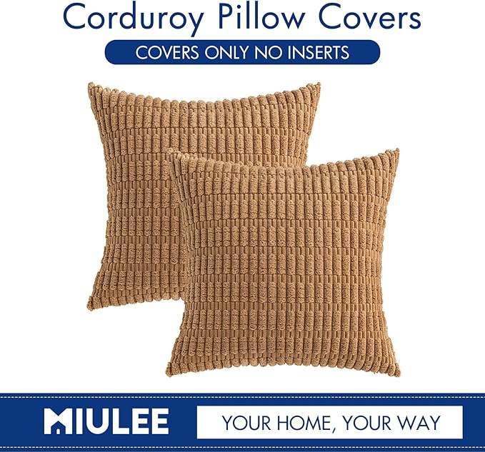 MIULEE Pack of 2 Corduroy Decorative Throw Pillow Covers 20x20 Inch Soft Boho Striped Pillow Covers Modern Farmhouse Home Decor for Sofa Living Room Couch Bed Brown