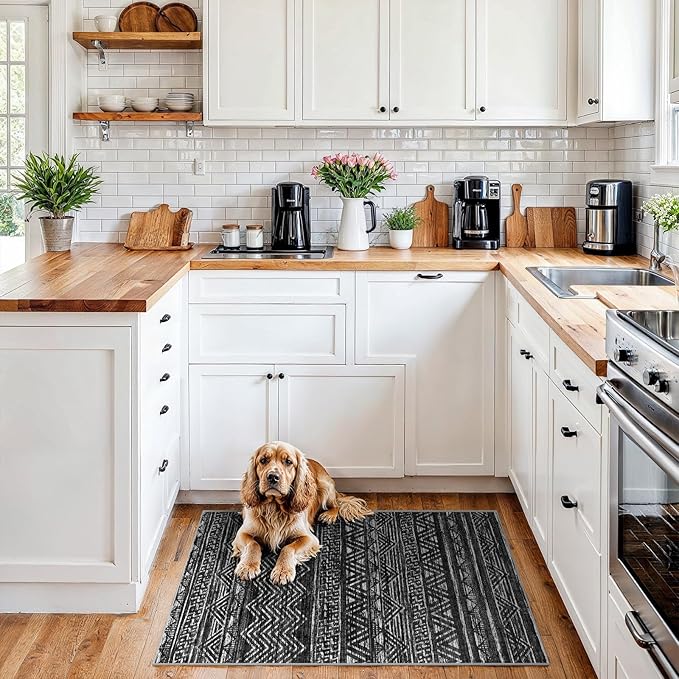 2x3 Washable Entryway Area Rug: Moroccan Small Runner Rug for Hallway Soft Modern Non Slip Door Mat with Rubber Backing Low Pile Thin Floor Carpet for Kitchen Bathroom Bedroom Indoor(Black,2x3)