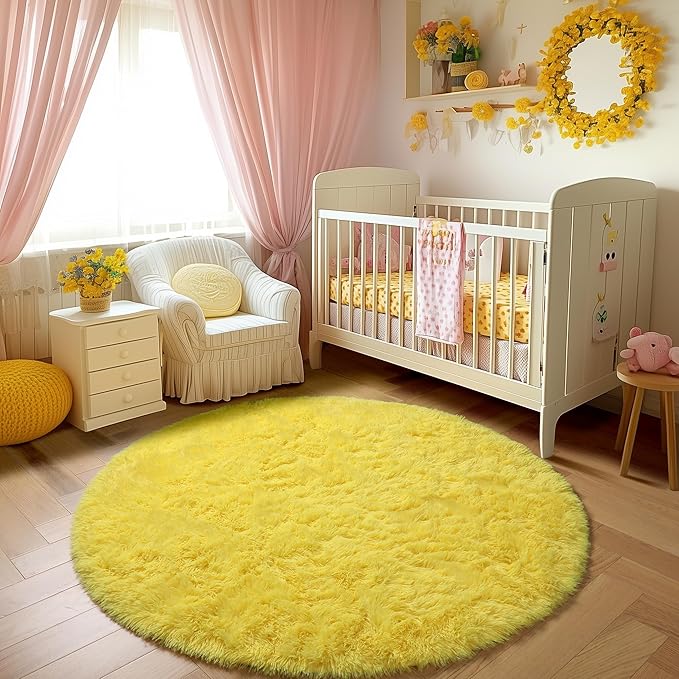 Amdrebio Yellow Circle Round Rug 6Ft for Living Room Bedroom, Fluffy Fuzzy Shag Furry Area Rugs for Baby Kids Room Decor Aesthetic, Cute Plush Kawaii Carpet for Classroom Nursery Teen Girls Boys