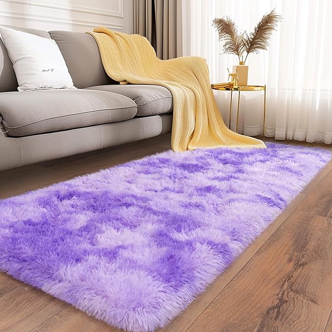 Soft Runner Rugs for Bedroom Hallways, 2x6 Tie-Dyed Purple Fluffy Shag Throw Area Rug Non Slip for Bedside Dorm, Long Shaggy Furry Carpet for Nursery Living Room
