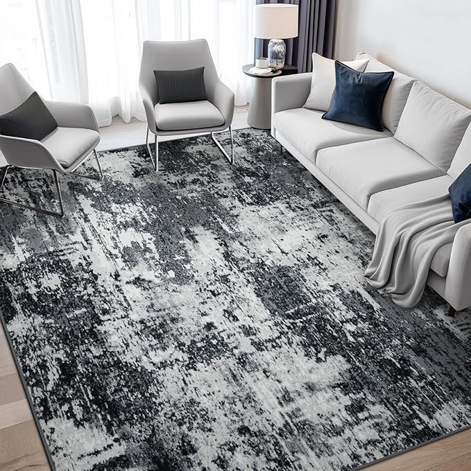 Washable Area Rugs 5'x8' Non-Slip Modern Abstract Soft for Living Room Entryway Bedroom Nursery, Print Pattern, Black Navy Blue Gray