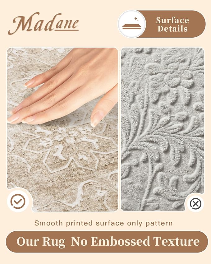 Madane 9x12 Area Rugs for Living Room, Machine Washable Rug with Non-Slip Backing, Soft Vintage Large Throw Rug, Floral Print Floor Neutral Carpet for Bedroom Dining Room (9 x 12, Beige/Brown)