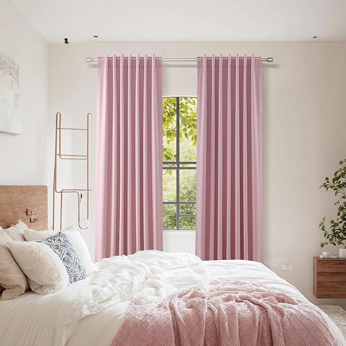 Guken 100% Blackout Curtains 90 Inch Length 2 Panels Set for Living Room Bedroom Back Tab Thermal Insulated Black Out Linen Drapes Room Darkening Rose,52x90