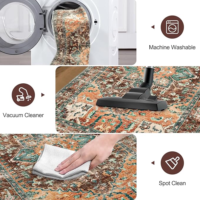 Yamaziot Washable Runner Rug, 2x10 Non-Slip Boho Vintage Hallway Rug Runner with Rubber Backing, Stain Resistant Distressed Carpet Runner for Bedroom, Kitchen, Laundry, Entrance