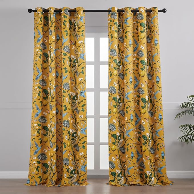 Topfinel Mustard Yellow Luxury Curtains 96 Inches Long for Living Room Bedroom, Blackout Vintage Art Deco Anthropologie Victorian Curtains Floral Lemon Hummingbird Printed Grommet Drape 96 Inch Length