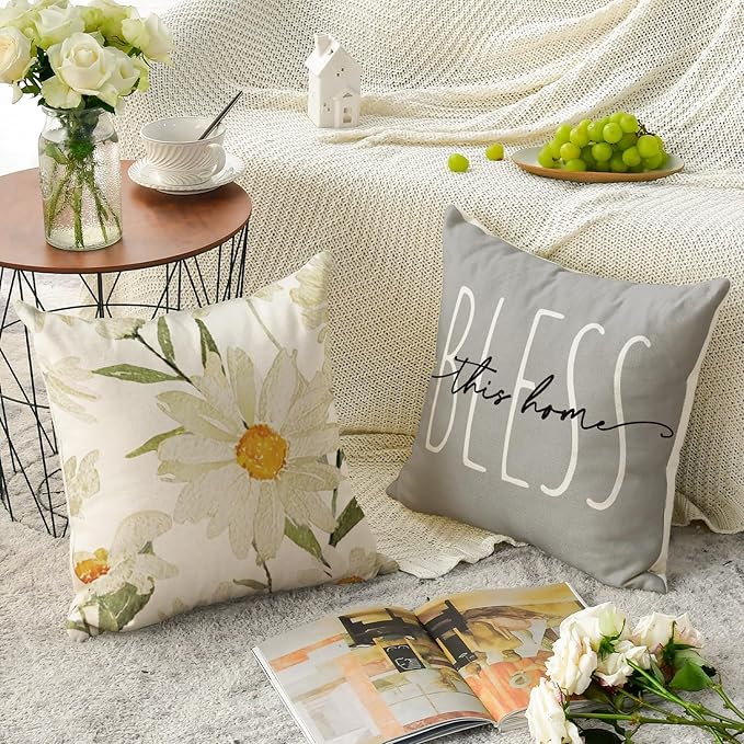 AVOIN colorlife Home Sweet Home Spring Summer Flowers Throw Pillow Covers, 16 x 16 Inch Grey Cushion Case for Sofa Couch Set of 4