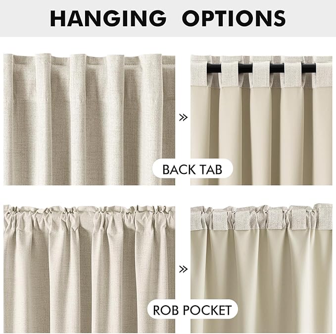MIULEE 100% Blackout Linen Curtains for Bedroom, Linen Beige Solid Luxury Decor Thermal Insulation Room Darkening Drapes for Living Room Nursery Back Tab Rod Pocket 42 x 63 Inches, 2 Panels