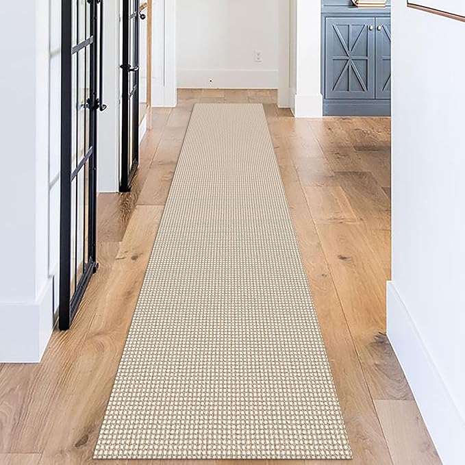 KOZYFLY Long Runners for Hallways 2x12 ft Washable Kitchen Runner Non Slip Rubber Backed Hallway Rugs Cotton Entryway Runner Rug Floor Carpet for Indoor Hall, Backdoor, Kitchen, Ivory/Khaki