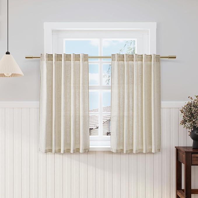 Nanspring Beige Cafe Curtains 45 Inch Length Set 2 Panel Back Tab Pocket Semi Sheer Short Linen Beige Curtain Tiers for Small Bathroom Window Basement 38x45