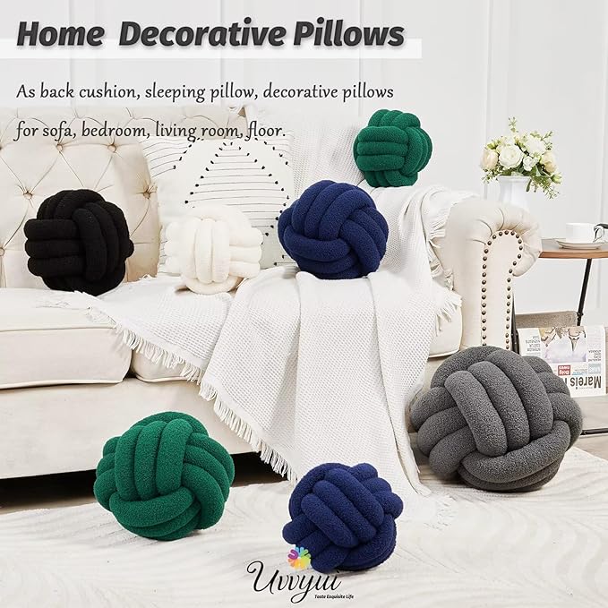 Uvvyui Knot Pillow Ball, Soft Home Decorative Pillows, Round Throw Pillow, Handmade Knotted Plush Pillow, Round Boucle Pillow Cushion (11 Inches Dark Gray)