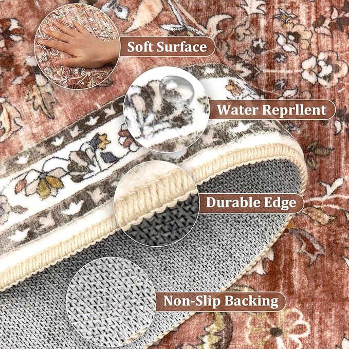 Yamaziot Washable Runner Rug 2x8 – Non Slip Boho Floral Hallway Runner Rug with Rubber Backing, Low Pile Wool Distressed Carpet for Kitchen, Laundry, Bedroom, Entrance, Brick-red