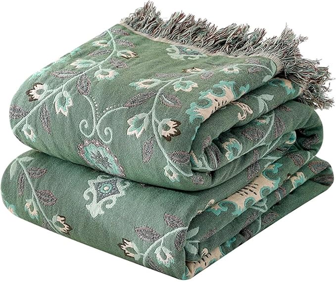 MSGKV Boho Throw Blanket for Couch Bed 60''x80'', 100% Cotton Blankets Woven Green Blanket Spring Reversible Spring Breathable Lightweight Decorative Throws