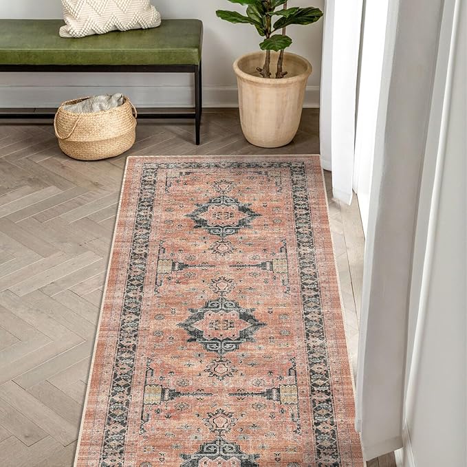 Washable 2x5 Hallway Runner Rug: Indoor Vintage Water Resistant Kitchen Entryway Rug Soft Living Room Bedroom Carpet Thin Low Pile Non Slip Floor Mat for Bathroom Laundry Dining Room(2X5,Orange)