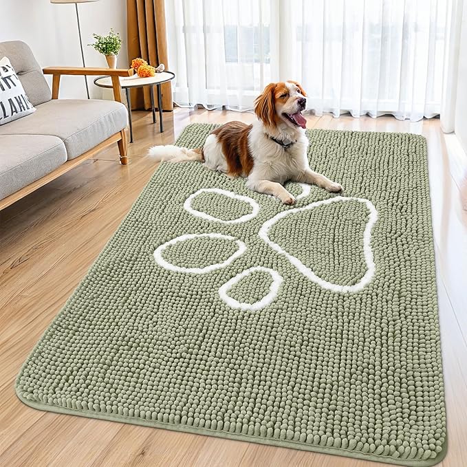 Smiry Dog Door Mat for Muddy Paws, Absorbent Dirt Trapper Non Slip Quick Dry Washable Chenille Mat for Mud Dogs, Entry Rug for Indoor and Outdoor (59x35 Inches, Sage Green and White)
