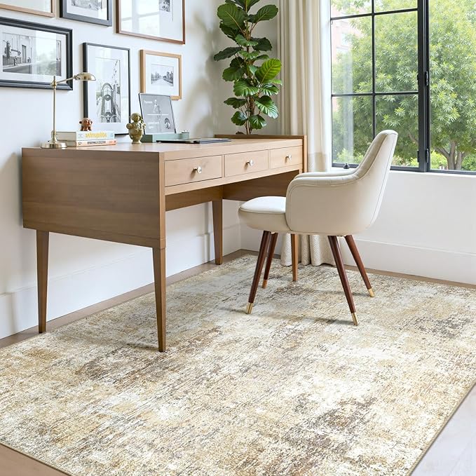 Washable Area Rugs 4'x6' Non-Slip Modern Abstract Soft for Living Room Entryway Bedroom Nursery, Print Pattern, Neutral Brown Gray