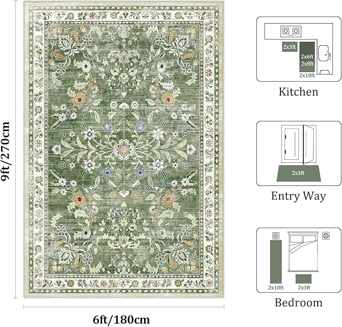 Yamaziot Washable Area Rug 6x9, Large Non-Slip Boho Floral Living Room Rug with Rubber Backing, Low Pile Distressed Carpet for Bedroom, Living Room, Dining Room, Green