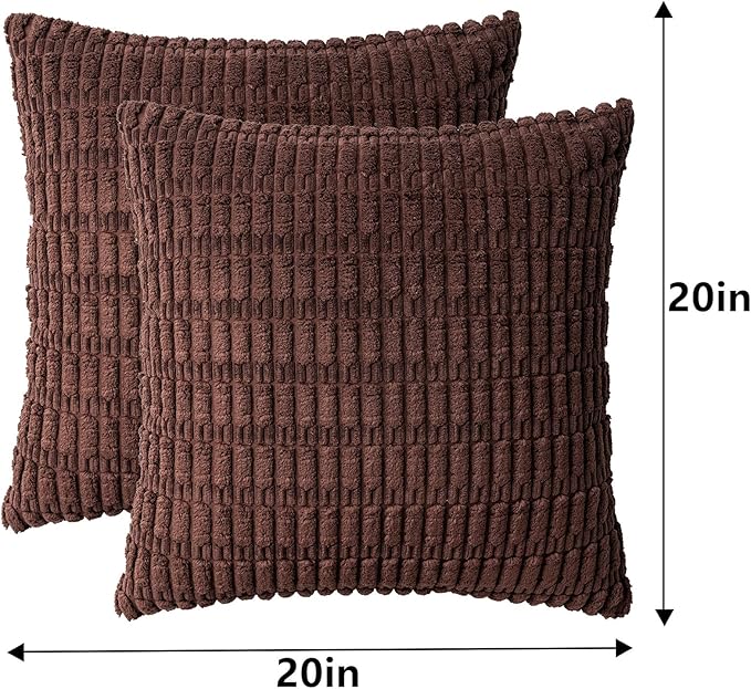 Pack of 2 Corduroy Decorative Throw Pillow Covers 20x20 InchSoft Boho Striped Pillow Covers Modern Farmhouse Home Decor for Sofa Living Room Couch Bed（Dark Brown）