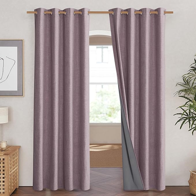 NICETOWN Chaise Mauve Vintage Linen 100% Blackout Curtains for Living Room, Thermal Insulated Curtains 90" Long, Noise Reducing Window Treatment Drapes for Home Cinema, 52" Wide Per Panel, Set of 2