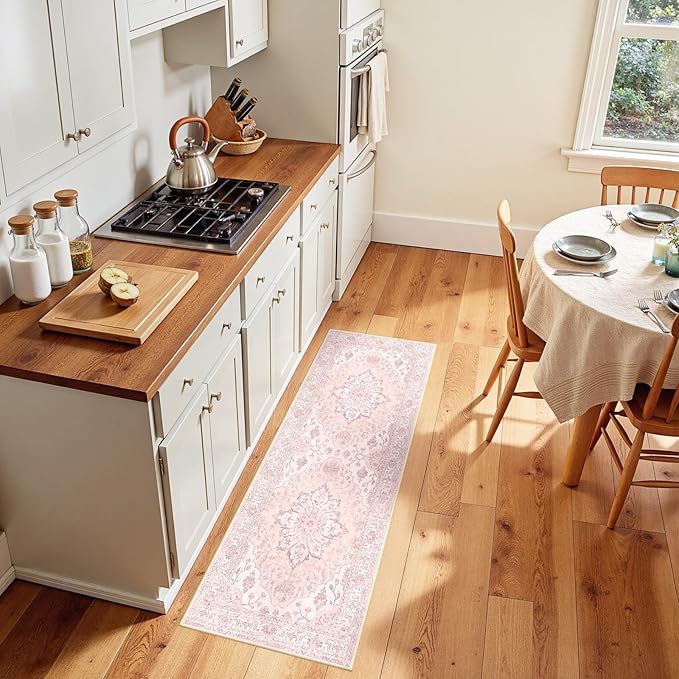 RELEANY Area Rugs 2'x5' Runner Rug Non Slip Washable for Kitchen Hallway Bedroom Beside Laundry Room Bathroom Rug, Floor Carpet, Pink Greypink Cute