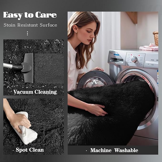 Black Round Rugs for Bedroom: 4ft Circle Fluffy Shag Soft Washable Rug Small Fuzzy Plush Indoor Carpet for Kids Girls Boys Nursery Dorm Classroom (Black, 4'x4')