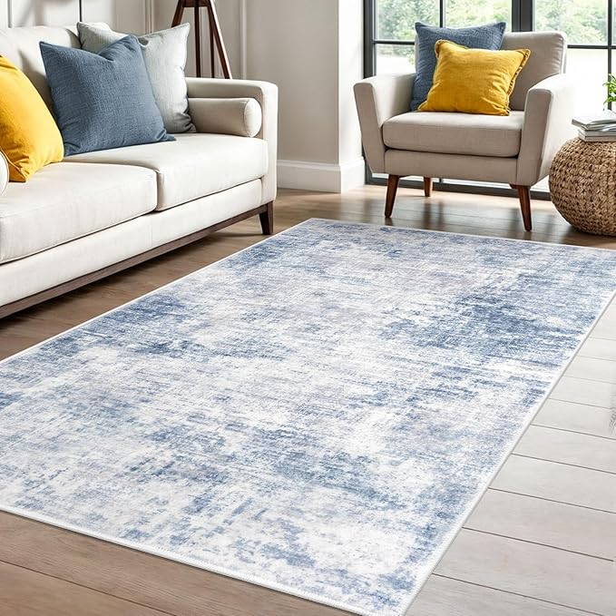 IOHOUZE Abstract Area Rug 4x6 Ft Washable Rugs for Entryway Indoor, Non Slip Small Living Room Rugs Printed Faux Wool Throw Rug, Floor Carpet for Kitchen Nursery Playroom, Light Blue Grey