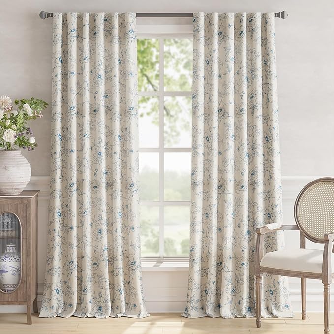 jinchan Floral Linen Curtains for Living Room 96 Inch Length Blue Flower Curtain Rod Pocket Back Tab Farmhouse Curtains with Printed Floral Bedroom Window Curtain Set, 2 Panels Blue