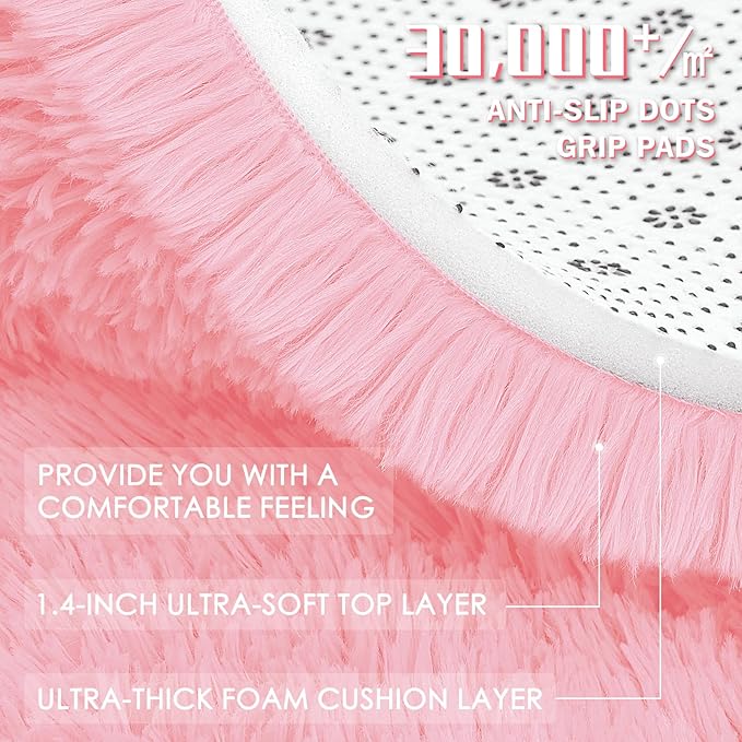 OLANLY Pink Round Rugs for Bedroom - Machine Washable, 7 ft Circle Area Rugs for Living Room, Soft and Fluffy Shaggy Carpet for Teen Girls and Boys, Nursery Rooms, Dorms, Home Decor Aesthetic