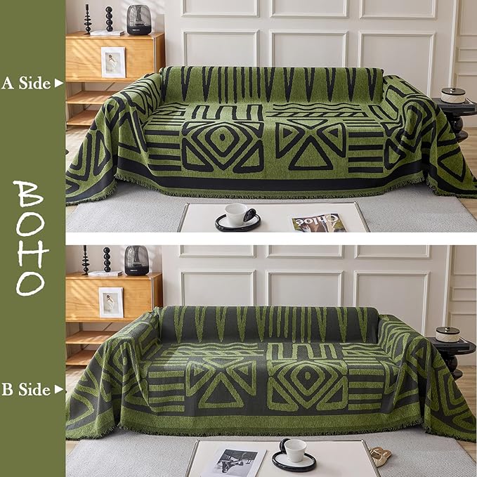 HANDONTIME Boho Geometric Couch Covers for Sofa Pet Friendly Avocado and Black Sofa Covers Washable Chenille Couch Blanket Cover for 2 3 Cushion Couches Pet Protector Furniture Cover Soft, 71" X 118"