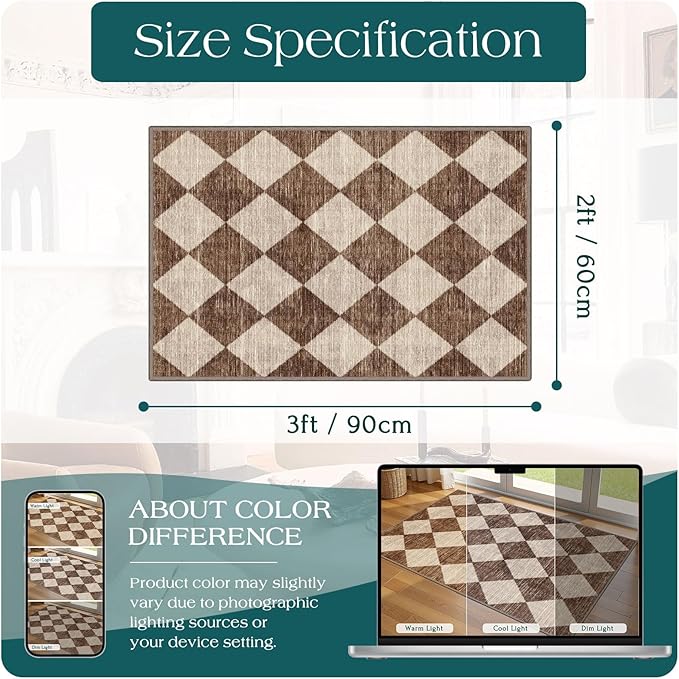 Front Door Rug - 2x3 Brown Beige Non-Slip Washable Doormat Indoor Outdoor Mat Outside Entrance Entry Rug Checkered Diamond Small Area Rugs for Entryway Bedroom Kitchen Front Porch Decor