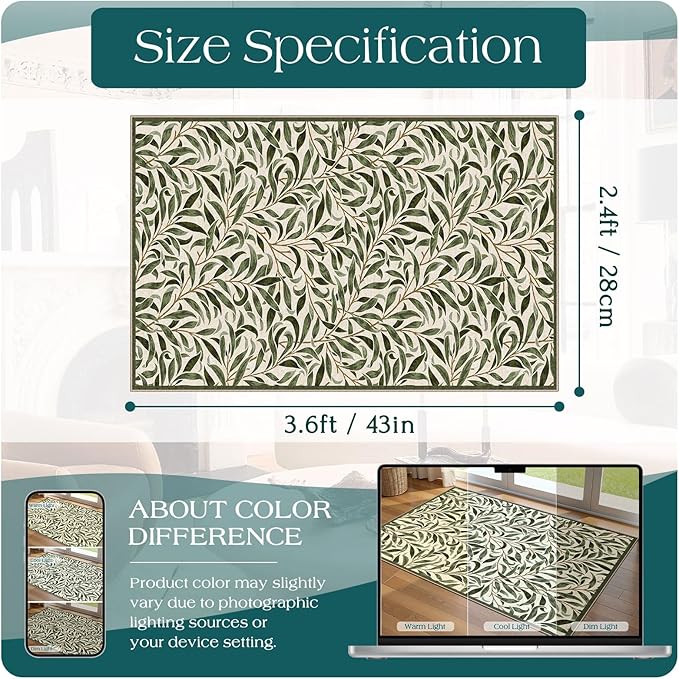 Boho Outdoor Rug - 28" x 43" Front Door Mat Indoor Outside Entrance Non-Slip Washable Outdoor Mat Spring Sage Green Leaf Rug for Entryway Kitchen Bedroom Layered Doormat for Front Porch