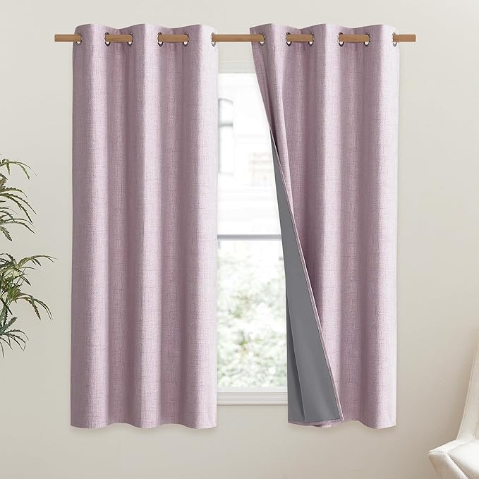 NICETOWN Pink Vintage Linen 100% Blackout Curtains for Dining Room, Thermal Insulated Curtains 45" Long, Noise Reducing Window Treatment Drapes for Kitchen, 42" Wide Per Panel, Set of 2