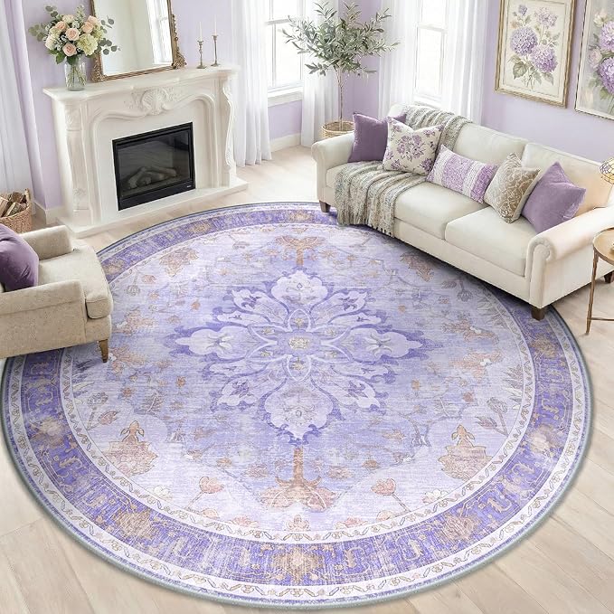 RELEANY Area Rugs 8ft Washable Non-Slip, Floral Vintage Distress Print Pattern Medallion Carpet for Living Room Bedroom Dining Room, Light Purple Brown