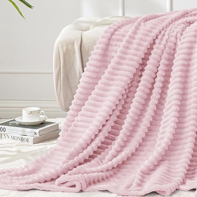 BEDELITE Fleece Throw Blanket for Couch – 3D Ribbed Jacquard Soft and Warm Decorative Fuzzy Blanket – Cozy, Fluffy, Plush Lightweight Cherry Blossom Throw Blankets for Bed, Sofa, 50x60 inches