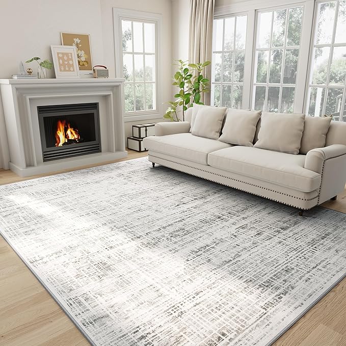6x9 Area Rugs Washable Rug: Anti-Skid Abstract Modern Living Room Rug Soft Thin Carpets Indoor Floor Non-Shedding Carpet for Bedroom Dining Farmhouse Nursery Home Office (White Gray, 6'x9')
