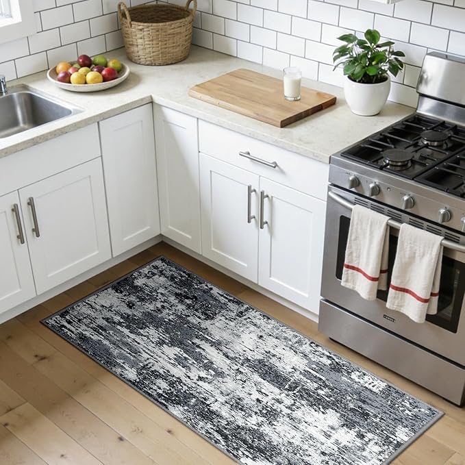 Washable Area Rugs 2'x5' Non-Slip Modern Abstract Soft for Living Room Entryway Bedroom Nursery, Print Pattern, Black Navy Blue Gray