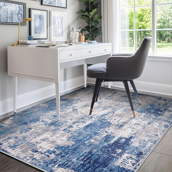 Washable Area Rugs 4'x5' Non-Slip Modern Abstract Soft for Living Room Entryway Bedroom Nursery, Print Pattern, Blue Grey Navy Gray