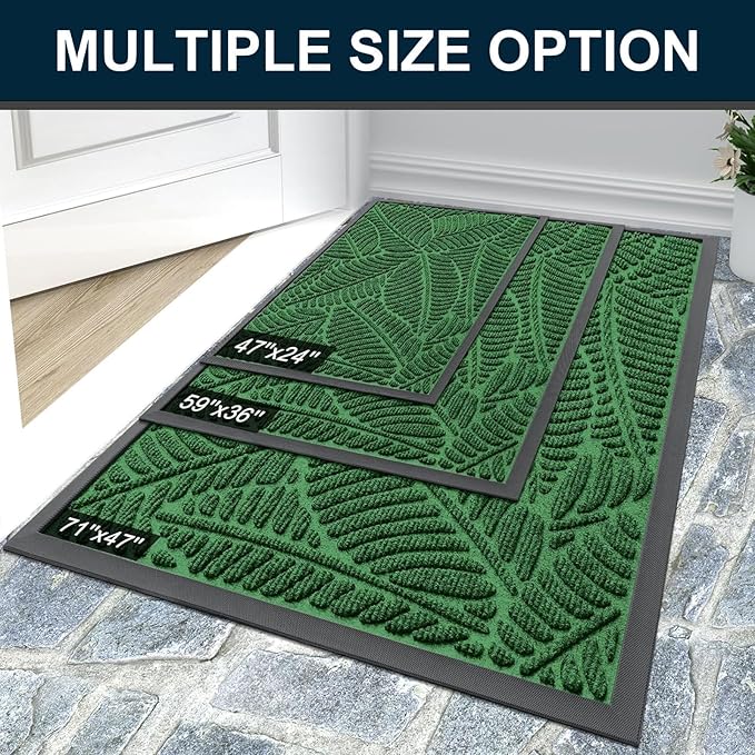 Colorxy Waterproof Doormat, Sturdy Natural Rubber Front Indoor Mat, Non Slip Low Profile Indoor Outdoor Door Mats, Stain and Fade Resistant Floor Mat, Easy Clean Patio Entrance Mat, 71''x47'', Green