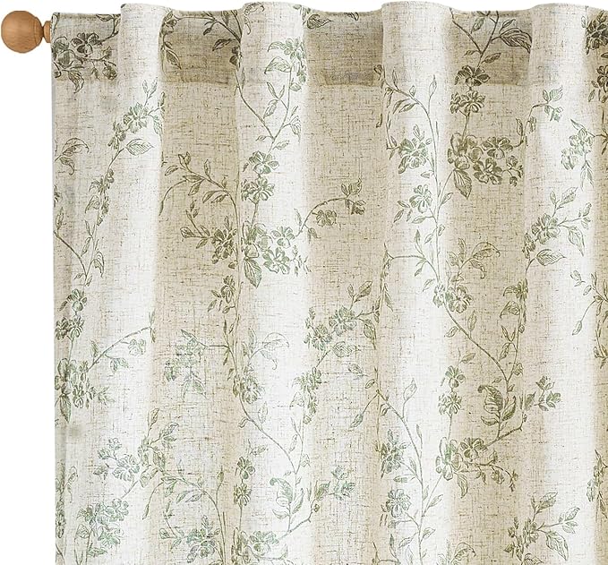 Lazzzy Green Floral Linen Curtains 90 Inch Farmhouse Back Tab Drapes for Living Room Bedroom Light Filtering Vintage Grandmillennial Rod Pocket Curtains, 2 Panels, W38 x L90, Green on Beige