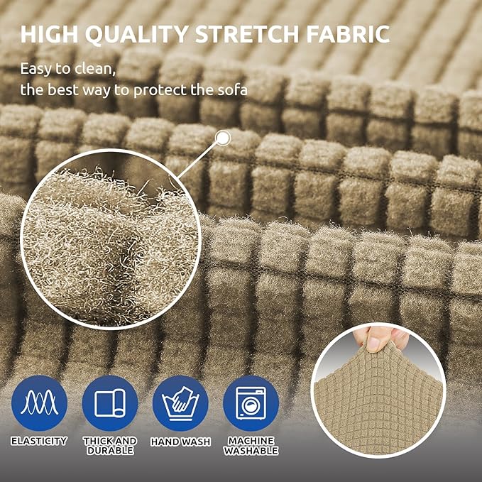 KEKUOU Stretch Sofa Cover Slipcover ，Couch Covers for 3 Cushion Couch Sofa pet Friendly (79"-94") Furniture Protector Sofa with Elastic Bottom for Kids,Dog, Jacquard Small Checked(Large,Tan)