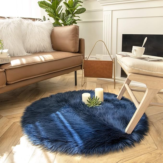 Ashler Faux Fur Rug - Fluffy Shaggy Area Rug, Ultra Soft 3 x 3 Feet Round, Navy Blue Fuzzy Machine Washable Shag, Nursery Decor Throw for Bedroom, Kids Room, Living Room