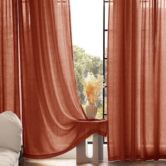 100 inch Linen Terracotta Curtains 2 Panels for Living Room Back Tab Light Filtering Semi Sheer Rust Colored Curtains 100 inches Long Soft Thick Cotton Cloth Textured Rustic Boho Farmhouse Room Decor