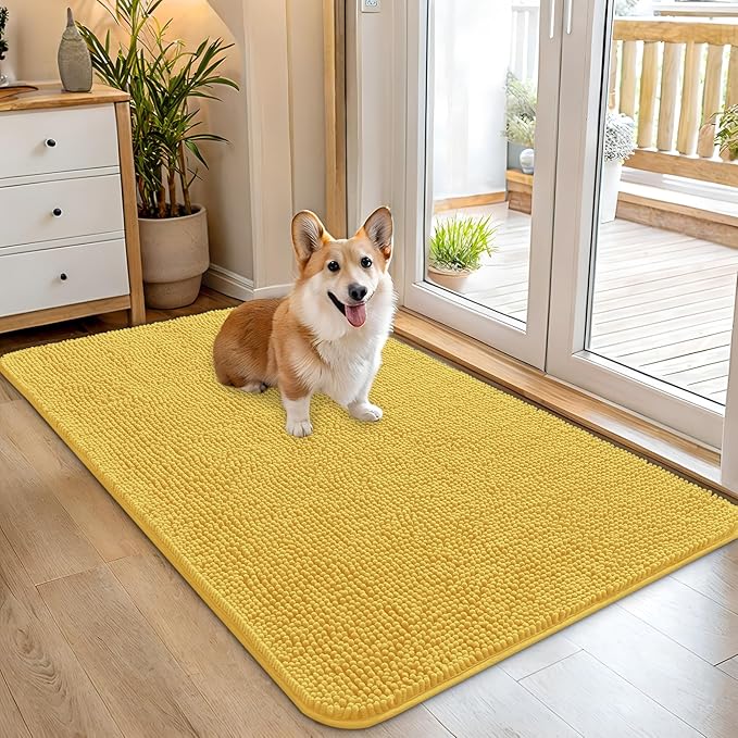 OLANLY Dog Door Mat for Muddy Paws 45x27, Absorbs Moisture and Dirt, Absorbent Non-Slip Washable Doormat, Quick Dry Chenille Mud Mat for Dogs, Entry Indoor Entryway Carpet for Inside Floor, Yellow
