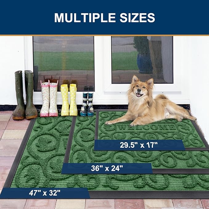 Smiry Welcome Door Mat Outside Entrance, Heavy Duty Trap Dirt and Moisture Easy Clean Low Profile Patio Porch Indoor Outdoor Front Doormat for Entry, 35x23 Inch, Green