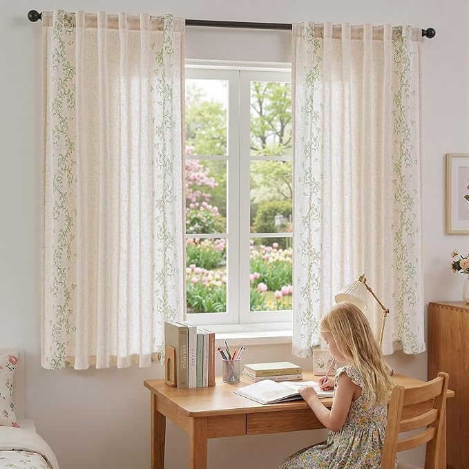 jinchan Evelyn Embroidered Linen Curtains 63 inch Floral Curtains for Living Room Bedroom Farmhouse Cottagecore Semi Sheer Light Filtering Window Drapes Rod Pocket 2 Panels W50 x L63 Sage Green