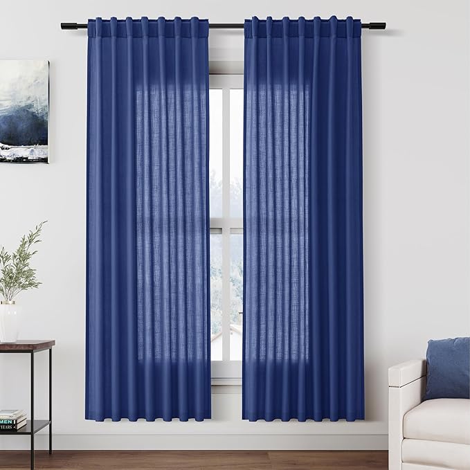 Nanspring Classic Blue Linen Curtains 72 Inch Length for Living Room Semi Sheer Light Filtering Door Drapes 2 Panels Set for Kids Bedroom Light Filtering Back Tab Modern Farmhouse Decor 52x72
