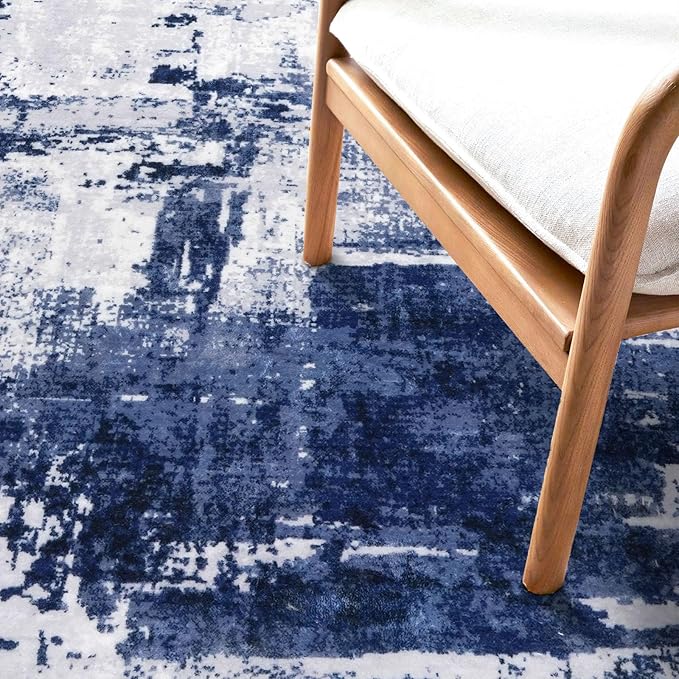 KOZYFLY Modern Abstract 3x5 Area Rug Washable Bedroom Rug Throw Entry Mat Non-Slip Stain Resistant Carpet Dining Room Rug with Soft Low Pile for Living Room Kitchen Bath Office, Navy Blue/Grey/White