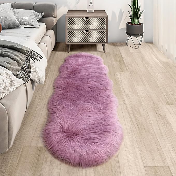 Faux Fur Rug for Bedroom, Fluffy Runner Rugs Soft Sheepskin Rug Sofa Couch Seat Cushion, 2x6ft Light Purple Plush Area Rug Shag Rugs Floor Carpets for Nursery Bedside, Shaggy Fuzzy Home Decor