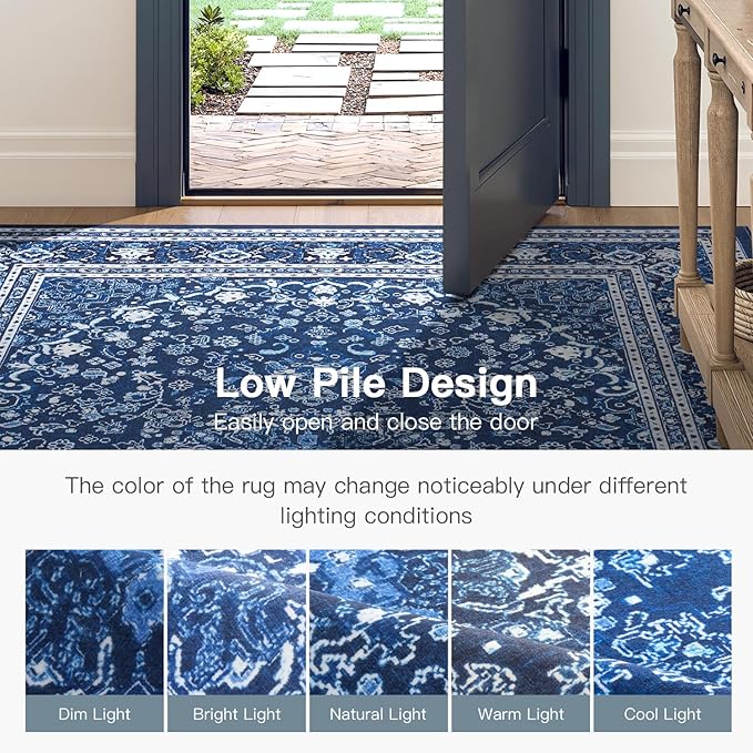 Lofus 5x7 Area Rugs for Living Room, Machine Washable Non-Slip Area Rug, Low Pile Large Rugs for Bedroom, Kitchen, Dining Room, Home Office, Vintage Oriental Print Rug, Dark Blue with White